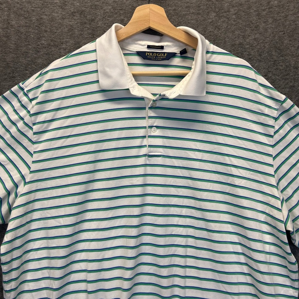 Polo‎ Golf Ralph Lauren Mens XXL White Green Blue Striped Pima Cotton Polo Shirt